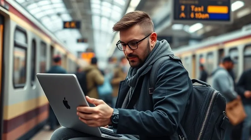 Photorealistic, professional photography, 8K, cinematic lighting, sharp focus, depth of field, shot on a high-end DSLR. A digital nomad calmly adjusting their laptop setup in a bustling, slightly chaotic train station, finding a quiet corner to work. The scene conveys adaptability and resilience amidst travel challenges, with a focus on their composed expression and efficient movements.