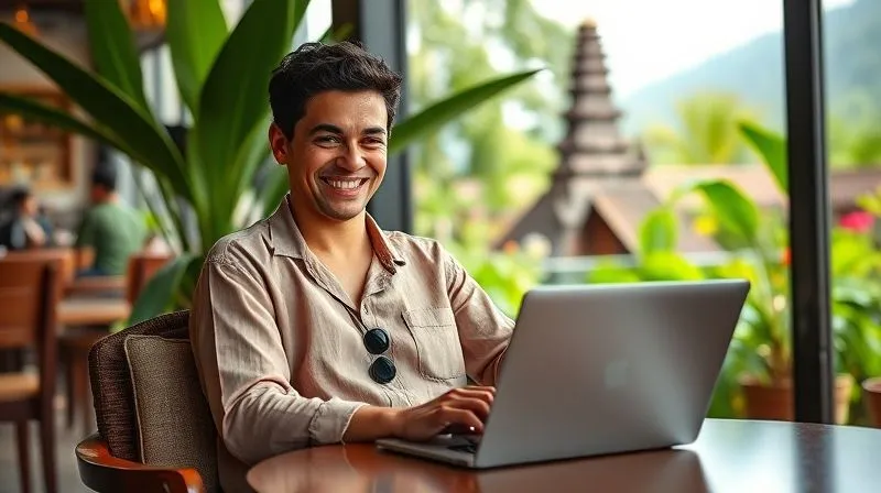 A photorealistic image of a digital nomad teacher sitting comfortably in a cafe in Bali, laptop open, smiling genuinely while interacting with students on a video call. The background shows lush greenery and a hint of a temple, reflecting a balanced and fulfilling life. Professional photography, 8K, cinematic lighting, sharp focus on the teacher, depth of field blurring the background, shot on a high-end DSLR.
