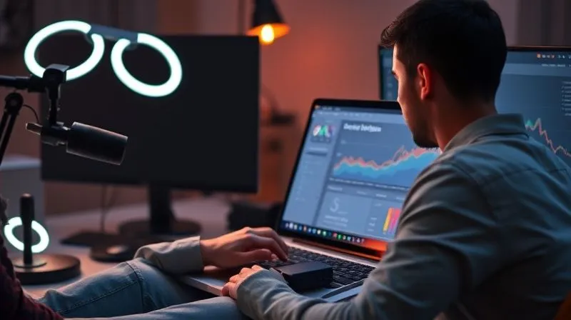 A photorealistic image of a digital nomad teacher using a modern EAD platform interface on a sleek laptop, surrounded by various tech gadgets (microphone, ring light, external monitor). The screen displays analytics showing steady revenue growth. The overall impression is one of technological proficiency and efficiency. Professional photography, 8K, cinematic lighting, sharp focus on the screen, depth of field blurring the background, shot on a high-end DSLR.