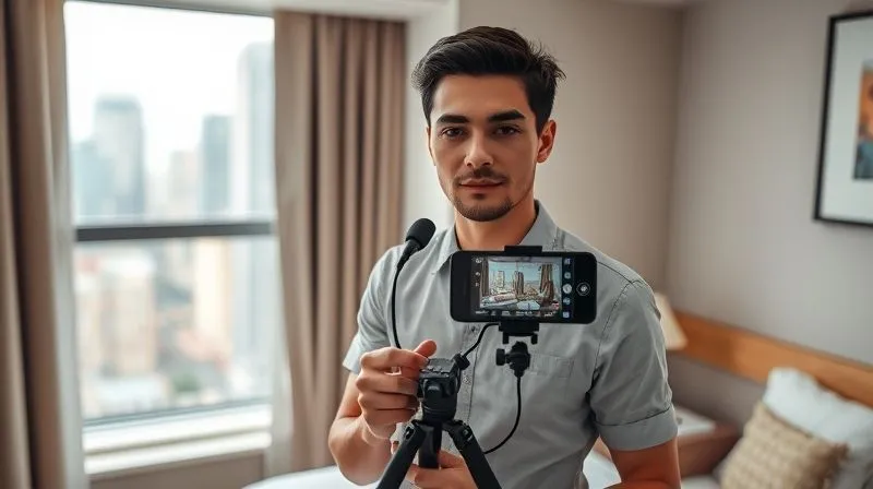 A photorealistic image of a digital nomad recording a video lesson in a hotel room, using a compact lavalier microphone attached to their shirt, with a smartphone on a small tripod in front. The room is tidy but clearly a temporary setup, with a window showing a blurred city background. Cinematic lighting highlights the person's focused expression. 8K hyper-detailed, professional photography, shot on a high-end DSLR.