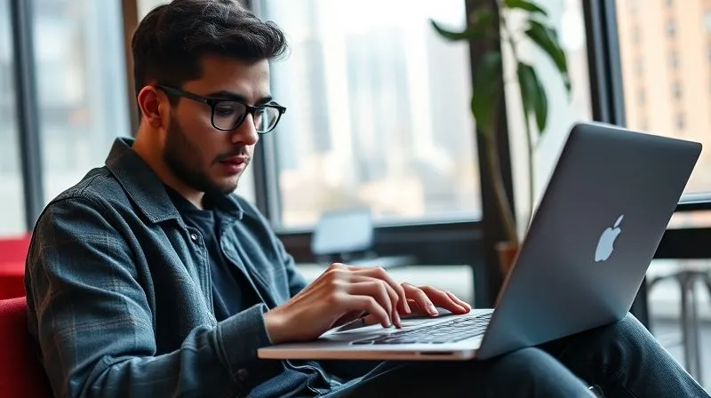 A photorealistic image of a digital nomad meticulously organizing files on a sleek, lightweight laptop, with a compact external SSD drive connected via USB-C. The setting is a minimalist co-working space in a vibrant city, with soft, natural light filtering in. The person's expression is one of focused efficiency. 8K hyper-detailed, professional photography, shot on a high-end DSLR.