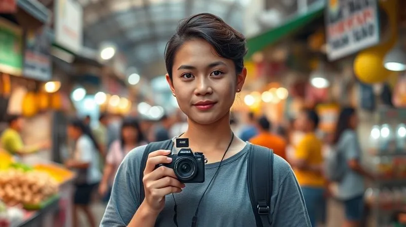 A photorealistic image of a person (gender-neutral) standing confidently in a vibrant outdoor market in Southeast Asia, holding a compact camera or smartphone with a small mic. Despite the bustling background, their expression is calm and focused, embodying resilience and adaptability. Cinematic lighting captures the lively atmosphere. 8K hyper-detailed, professional photography, shot on a high-end DSLR.