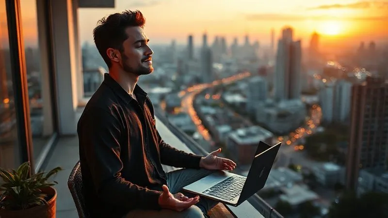 A photorealistic image of a digital nomad, a man in his late 20s, meditating peacefully with his laptop closed beside him, on a balcony overlooking a bustling but serene city at sunrise. Cinematic lighting, sharp focus on his calm expression, depth of field blurring the city. Shot on a high-end DSLR, 8K hyper-detailed, professional photography.
