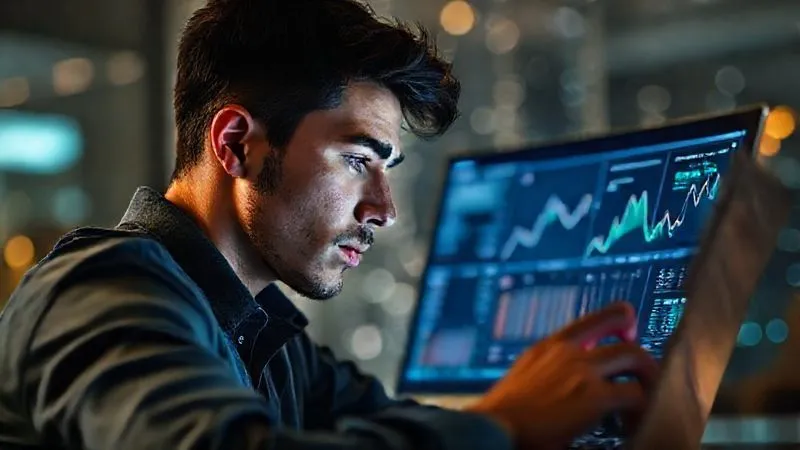 A photorealistic image of a digital nomad, a young man, looking at a complex data dashboard on his laptop screen, with a serene and thoughtful expression, as if synthesizing information. In the background, a soft, ethereal glow suggests an intuitive thought process. Cinematic lighting, sharp focus on his face and the screen, depth of field. Shot on a high-end DSLR, 8K hyper-detailed, professional photography.
