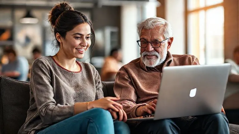 A photorealistic image of a digital nomad, a young woman, having a focused video call with an older, experienced mentor figure on her laptop, while sitting comfortably in a co-working space with other diverse nomads in the blurred background. Cinematic lighting, sharp focus on their engaged expressions, depth of field. Shot on a high-end DSLR, 8K hyper-detailed, professional photography.