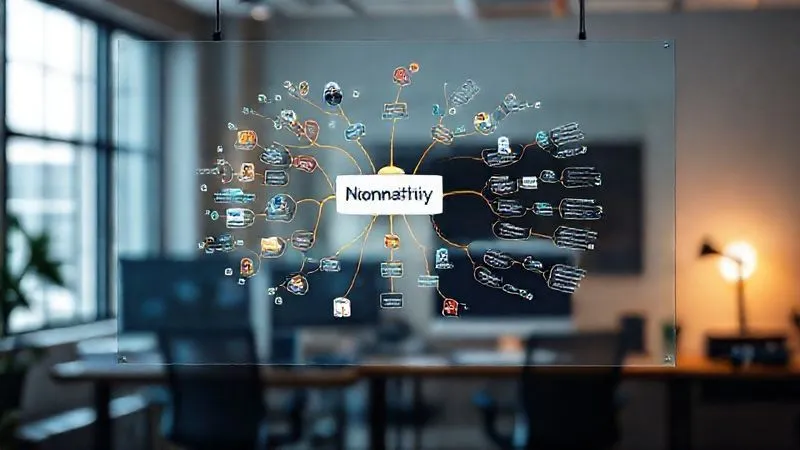 Photorealistic, professional photography, 8K, cinematic lighting, sharp focus, depth of field, shot on a high-end DSLR, of a detailed, colorful digital mind map projected onto a transparent screen, showing a central idea 'Nomadic Productivity' with branches for 'Project Management', 'Rapid Learning', 'Tools', and 'Challenges'. The map is intricate and visually engaging, with small icons representing concepts, set against a blurred background of a modern workspace.
