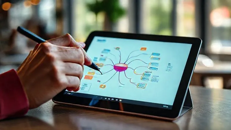 Photorealistic, professional photography, 8K, cinematic lighting, sharp focus, depth of field, shot on a high-end DSLR, of a minimalist, modern tablet displaying a vibrant digital mind map application. A hand, possibly of a digital nomad, is interacting with the screen using a stylus, adding a new branch to the map. The background is a subtly blurred, sunlit cafe or co-working space, emphasizing portability and ease of use.