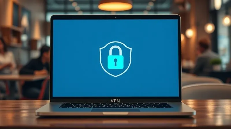 A photorealistic image of a laptop screen displaying a secure VPN connection with a padlock icon, overlaid on a blurred background of a bustling cafe, cinematic lighting, sharp focus on the screen, 8K hyper-detailed.
