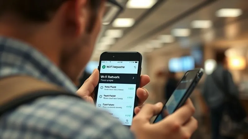 A photorealistic image of a person cautiously checking their phone screen, displaying a Wi-Fi network list with a suspicious name, in a public setting like an airport lounge. Cinematic lighting, sharp focus on the phone and the person's alert expression, 8K hyper-detailed.