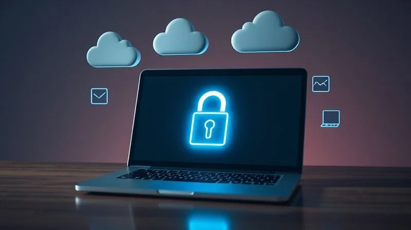 A photorealistic image showing a digital nomad's laptop with a glowing padlock icon on its screen, symbolizing disk encryption, juxtaposed with cloud icons floating above, representing secure cloud backup. Cinematic lighting, sharp focus on the laptop, 8K hyper-detailed.