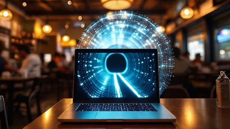 A photorealistic image of a glowing, ethereal digital tunnel extending from a laptop screen, symbolizing a secure VPN connection. The laptop is open in a busy cafe, but the tunnel creates a private, protected space around the data flow. Cinematic lighting, sharp focus on the laptop and tunnel, depth of field blurring the background. 8K hyper-detailed, professional photography, shot on a high-end DSLR.