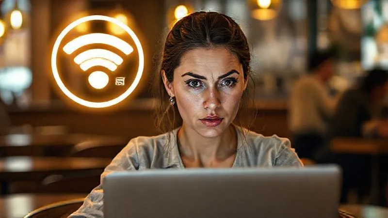 A photorealistic image of a digital nomad, a woman with a laptop, looking skeptically at a glowing, slightly menacing 'free Wi-Fi' icon in a public space like a cafe. Her expression shows vigilance and caution, with a subtle digital 'danger' overlay around the Wi-Fi icon. Cinematic lighting, sharp focus on her face and the laptop, depth of field. 8K hyper-detailed, professional photography, shot on a high-end DSLR.