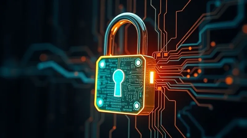 A photorealistic, professional photography of a digital padlock glowing with a complex, abstract data stream flowing through it, set against a dark, futuristic background. The focus is sharp on the padlock, with cinematic lighting highlighting its intricate details. 8K hyper-detailed, depth of field. Shot on a high-end DSLR.