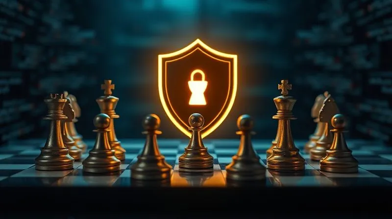 A photorealistic, professional photography of a digital chessboard where each piece represents a data security policy. A large, glowing shield piece is strategically placed in the center, protecting smaller, vital pieces. Cinematic lighting, sharp focus, depth of field. 8K hyper-detailed, shot on a high-end DSLR.