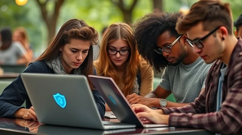 A photorealistic image of diverse remote workers (digital nomads) in various public settings (cafe, park, coworking) intently looking at their laptops, with subtle glowing shield icons appearing above their screens. The scene conveys focus and awareness of security. Cinematic lighting, sharp focus, depth of field. 8K hyper-detailed, shot on a high-end DSLR.