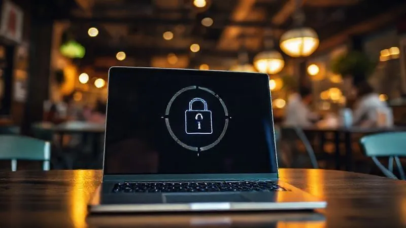 A photorealistic image of a laptop screen showing a digital lock icon, with a blurred background of a bustling cafe, cinematic lighting, sharp focus, depth of field, 8K hyper-detailed, professional photography, shot on a high-end DSLR