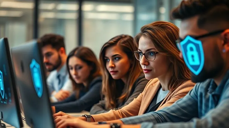 A photorealistic image of a diverse group of remote employees attentively participating in an online cybersecurity training session. Their faces show focus and engagement, with digital security icons (shields, padlocks) subtly overlaid on their screens. Cinematic lighting, sharp focus on the group, depth of field blurring the background, 8K hyper-detailed, professional photography, shot on a high-end DSLR.