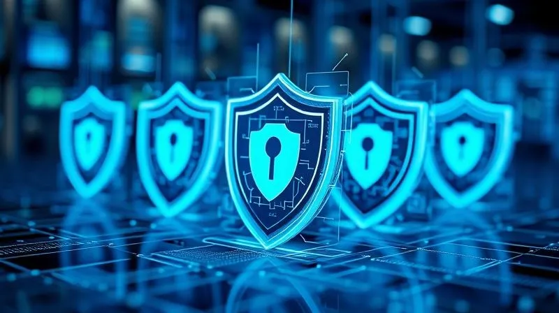 A photorealistic image of a series of digital shields and firewalls metaphorically protecting a network of interconnected devices (laptops, servers, smartphones) from shadowy, abstract digital threats. The shields glow with a blue light, indicating active protection, with intricate data streams flowing securely within. Cinematic lighting, sharp focus on the protective layers, depth of field blurring the background, 8K hyper-detailed, professional photography, shot on a high-end DSLR.