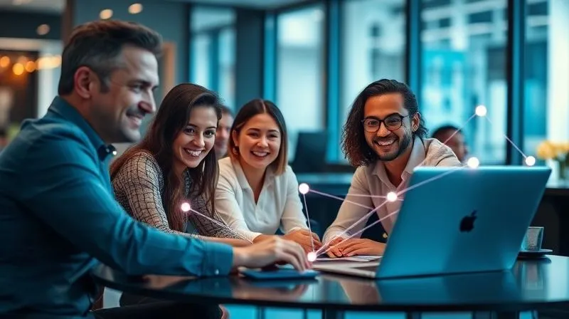A photorealistic image of a diverse remote team collaborating digitally, with subtle visual elements suggesting security and protection around their virtual workspace. People are smiling and engaged, with glowing digital lines connecting them securely, forming a protective bubble. Cinematic lighting, sharp focus on the team and secure connections, depth of field blurring the background, 8K hyper-detailed, professional photography, shot on a high-end DSLR.