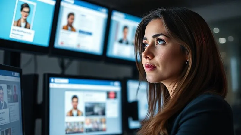 A photorealistic image of a professional woman, a digital nomad, looking thoughtfully at a multi-screen setup displaying consistent branding across different social media platforms (LinkedIn, Instagram, Twitter). The screens show her professional headshot and a cohesive color palette. Cinematic lighting, sharp focus on her face and the screens, depth of field, 8K hyper-detailed, shot on a high-end DSLR.