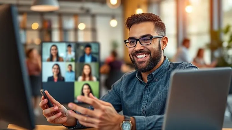 A photorealistic image of a digital nomad, a man, engaging in a video call, smiling genuinely, with diverse faces of other professionals on his screen. The background is a vibrant, modern co-working space. The scene emphasizes authentic connection and respectful interaction. Cinematic lighting, sharp focus on the man, depth of field, 8K hyper-detailed, shot on a high-end DSLR.