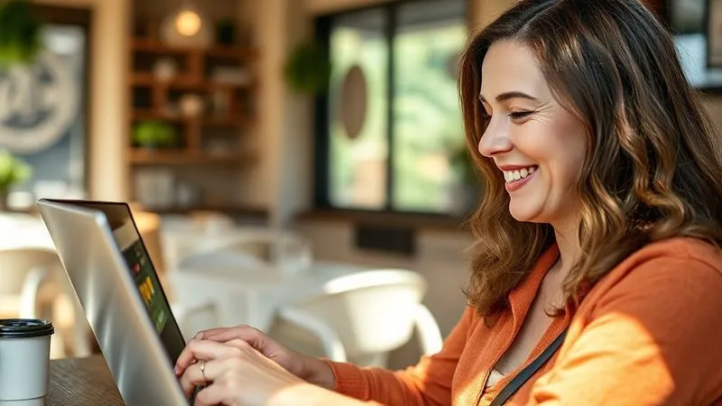 A photorealistic image of a digital nomad, a woman, happily reading positive testimonials and recommendations on her laptop screen. The screen shows various glowing reviews and star ratings. She is in a cozy, sunlit cafe. Cinematic lighting, sharp focus on her face and the screen, depth of field, 8K hyper-detailed, shot on a high-end DSLR.