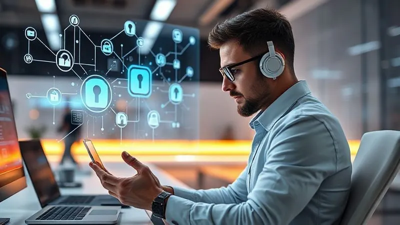 A photorealistic image of a digital nomad, a man, sitting in a futuristic, clean workspace, looking at a holographic projection of a complex digital network with various data points and security icons. He is making subtle adjustments, symbolizing continuous maintenance and adaptation of his online presence. Cinematic lighting, sharp focus on his hands and the projection, depth of field, 8K hyper-detailed, shot on a high-end DSLR.