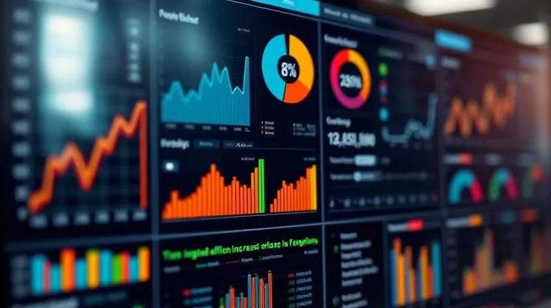 A photorealistic image of a detailed business dashboard showing various KPIs for an enterprise application, with clear, color-coded graphs and charts. The central focus is on a metric indicating increased efficiency or cost savings. Cinematic lighting, sharp focus on the data, depth of field blurring a modern office background, 8K hyper-detailed, professional photography, shot on a high-end DSLR.