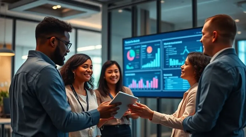 A photorealistic image showing a diverse team of professionals collaborating efficiently using a tablet and a large screen displaying project metrics. The atmosphere is positive and productive, with subtle indications of technology integration. Cinematic lighting, sharp focus on the team and screens, depth of field blurring the modern office, 8K hyper-detailed, professional photography, shot on a high-end DSLR.