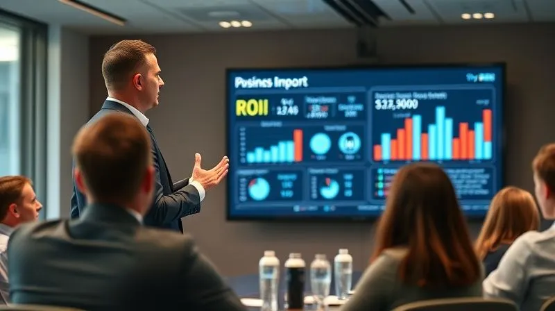A photorealistic image of a confident business executive presenting a data-rich report on a large screen, showing positive ROI figures and impact. The executive is engaging with an attentive audience in a modern boardroom. Cinematic lighting, sharp focus on the presenter and screen, depth of field blurring the audience, 8K hyper-detailed, professional photography, shot on a high-end DSLR.
