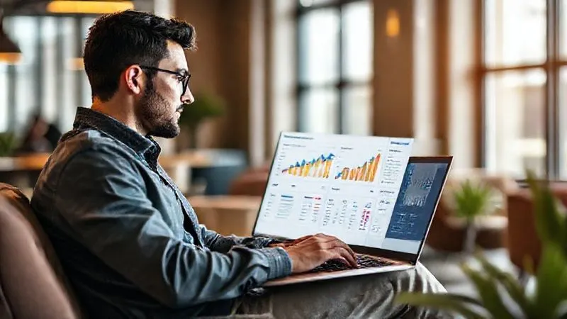A photorealistic image of a digital nomad sitting comfortably in a modern co-working space, looking at a laptop screen displaying a clean, intuitive dashboard with key performance indicators (KPIs) like sales growth, conversion rates, and traffic. The data is presented in vibrant, easy-to-understand charts and graphs. Cinematic lighting, sharp focus on the screen and the nomad's thoughtful expression, depth of field blurring the background. Professional photography, 8K, shot on a high-end DSLR, conveying clarity and control over business metrics.