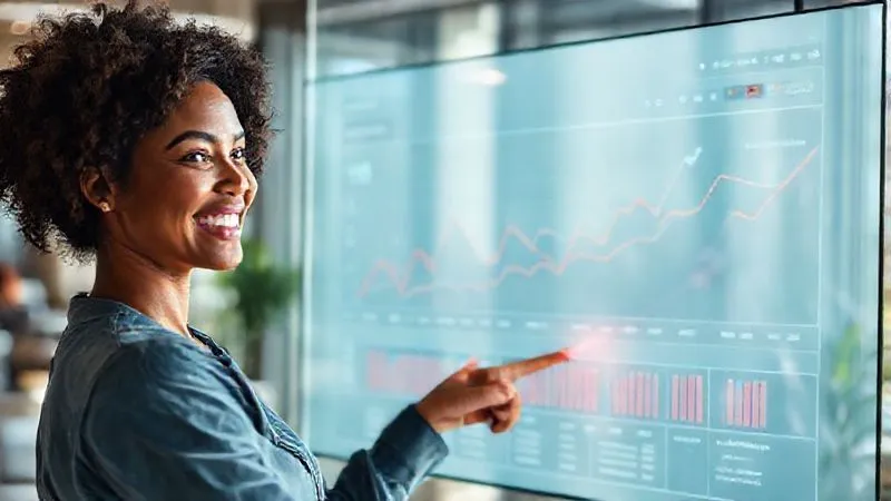 A photorealistic image of a digital nomad, a woman with a confident smile, presenting a clear, visually appealing data dashboard on a large transparent screen in a modern, sunlit co-working space. The dashboard shows a positive trend line for ROI, conversion rates, and customer acquisition cost. She's gesturing towards the data with a laser pointer, engaging an unseen audience. Cinematic lighting, sharp focus on the dashboard and her expression, depth of field blurring the background. Professional photography, 8K, shot on a high-end DSLR, conveying successful data presentation and strategic insight.