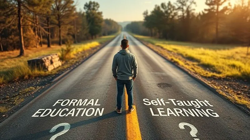 A photorealistic image of a person standing at a crossroads, one path clearly paved and labeled 'Formal Education', the other a less clear but intriguing path labeled 'Self-Taught Learning', with a subtle question mark hanging in the air. Cinematic lighting, sharp focus on the paths, depth of field, 8K hyper-detailed, professional photography, shot on a high-end DSLR.