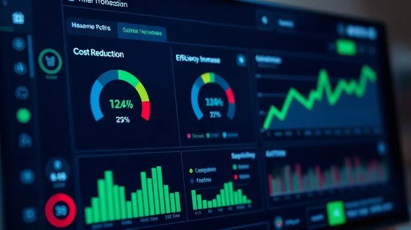 A photorealistic image of a sleek dashboard displaying various business metrics like 'Time Saved', 'Cost Reduction', 'Efficiency Increase', with upward-trending green arrows, all in a modern, clean UI design. Cinematic lighting, sharp focus on the data, depth of field, 8K hyper-detailed, professional photography, shot on a high-end DSLR.