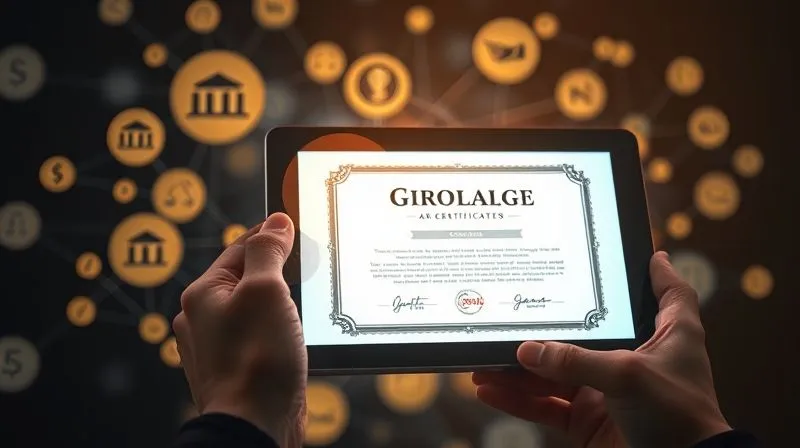 A photorealistic image of a person holding a digital certificate glowing on a tablet screen, with a background of various abstract knowledge symbols and a subtle network of connections. Cinematic lighting, sharp focus on the tablet, depth of field blurring the background, 8K hyper-detailed, professional photography, shot on a high-end DSLR.