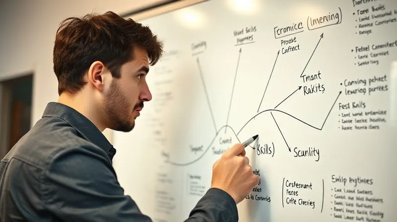A photorealistic image of a person meticulously planning their career path on a whiteboard, with various skills and learning modules mapped out, connected by lines indicating progression. The person is focused and determined. Cinematic lighting, sharp focus on the whiteboard, depth of field, 8K hyper-detailed, professional photography, shot on a high-end DSLR.