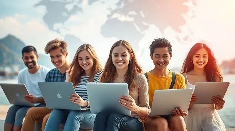 A photorealistic image of a diverse group of young adults, each with a laptop, in different scenic locations around the world (e.g., a beach, a mountain cafe, a city square), all subtly connected by glowing lines. Focus on the contrast between their individual settings and the shared digital connection. Cinematic lighting, sharp focus on the individuals, depth of field blurring the distant backgrounds. 8K hyper-detailed, professional photography.