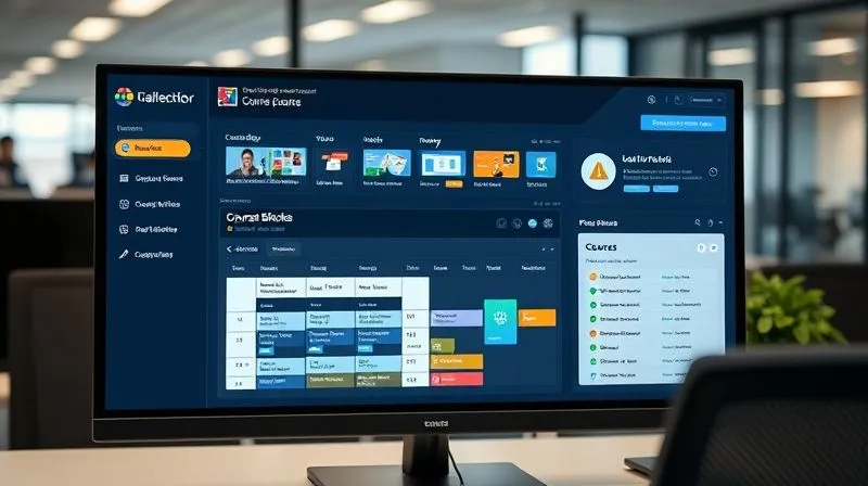 A photorealistic image of a digital dashboard displaying a highly customizable online learning platform. The interface shows modular course blocks, a calendar with flexible scheduling options across multiple time zones, and progress trackers. The design is clean, modern, and user-friendly, with subtle hints of a global map in the background. Cinematic lighting, sharp focus on the screen details, depth of field blurring the office environment around it. 8K hyper-detailed, professional photography.