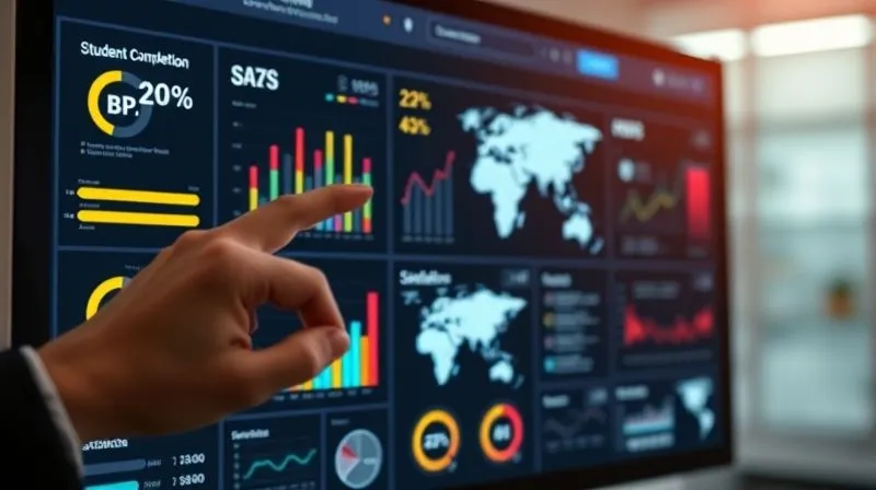 A photorealistic image of a sleek, modern digital dashboard displaying various educational KPIs for online tutoring. The screen shows graphs for student engagement, module completion rates, satisfaction scores, and a world map indicating student locations. Data is clearly visualized with vibrant colors and professional typography. Cinematic lighting, sharp focus on the data points, depth of field blurring the hand interacting with a touchscreen. 8K hyper-detailed, professional photography.