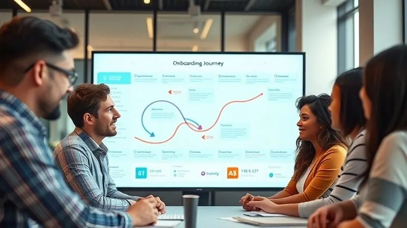 A photorealistic image of a diverse team of B2B professionals collaborating on a digital onboarding journey map displayed on a large interactive screen. The map shows various customer touchpoints and success metrics, with arrows indicating progress. Cinematic lighting, sharp focus on the team's engaged faces and the screen, depth of field blurring the modern office background, 8K hyper-detailed, professional photography, shot on a high-end DSLR.