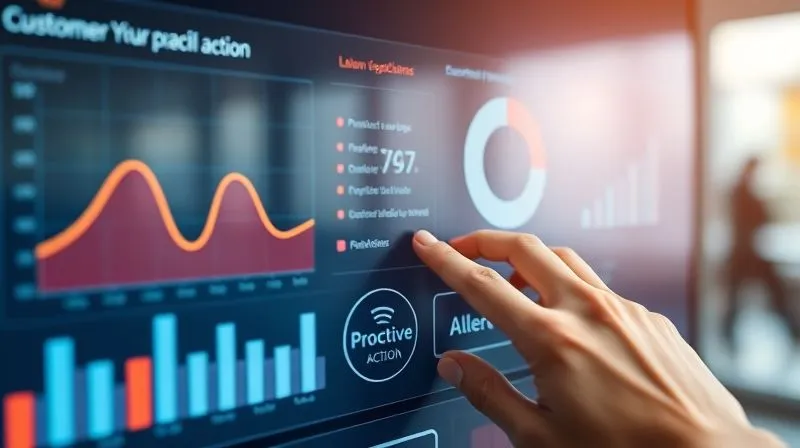 A photorealistic close-up of a digital dashboard displaying various customer health metrics: a declining product usage graph, a low NPS score, and a red alert icon. A human hand is reaching towards a 'proactive action' button. Cinematic lighting, sharp focus on the dashboard details, depth of field blurring a modern office background, 8K hyper-detailed, professional photography, shot on a high-end DSLR.