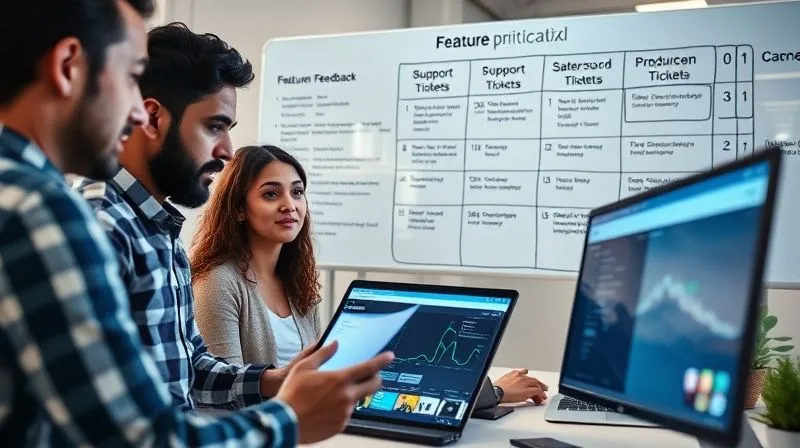 A photorealistic image of a diverse product team intensely reviewing customer feedback data on multiple screens, including user surveys, support tickets, and product usage analytics. A whiteboard in the background shows a 'feature prioritization matrix'. Cinematic lighting, sharp focus on the data and the team's collaborative expressions, depth of field blurring the modern tech office, 8K hyper-detailed, professional photography, shot on a high-end DSLR.