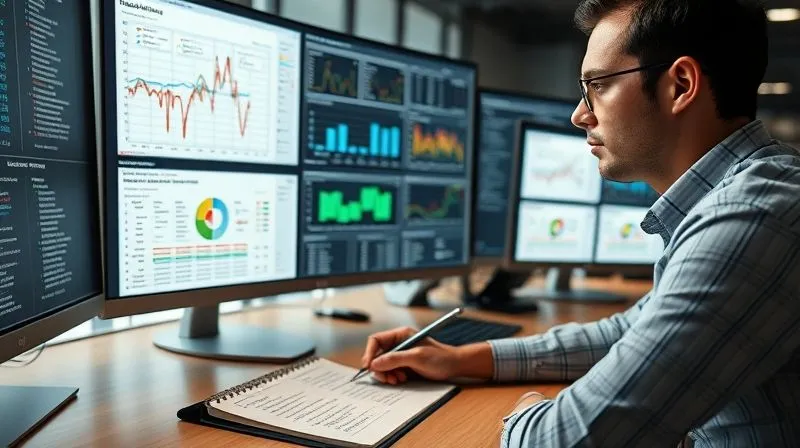 A photorealistic image of a data analyst meticulously examining a complex spreadsheet and dashboard on multiple monitors, with charts and graphs illustrating churn reasons and customer journey bottlenecks. A notepad with handwritten insights lies on the desk. Cinematic lighting, sharp focus on the screens and the analyst's focused expression, depth of field blurring the modern office, 8K hyper-detailed, professional photography, shot on a high-end DSLR.