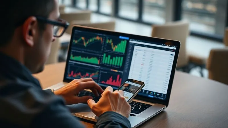 A photorealistic, professional photography, 8K image of a person (digital nomad) intently looking at a laptop screen displaying complex financial charts and a budget spreadsheet, with a smartphone nearby showing a budgeting app. The scene is set in a modern, minimalist co-working space, with cinematic lighting, sharp focus on the screens and hands, depth of field blurring the background, shot on a high-end DSLR.