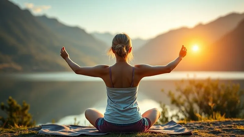 A photorealistic, professional photography, 8K image of a digital nomad (female, 20s-30s) practicing yoga or meditation peacefully outdoors in a beautiful, serene natural setting, perhaps by a lake or mountain range at sunrise. The scene exudes tranquility and well-being, with cinematic lighting, sharp focus on the person, and a soft depth of field blurring the background, shot on a high-end DSLR.