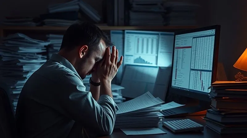 A photorealistic image of a person at a desk, head in hands, surrounded by stacks of paper documents and a messy computer screen filled with spreadsheets, reflecting frustration and overwhelm. The scene is dimly lit, emphasizing the struggle. Cinematic lighting, sharp focus on the person, depth of field, 8K hyper-detailed, professional photography, shot on a high-end DSLR.