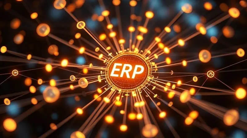 A photorealistic image showing a complex network of interconnected digital systems, represented by glowing lines and nodes, flowing seamlessly into a central, powerful ERP system visualized as a glowing core. Data streams are visible, moving smoothly between different platforms like CRM, accounting software, and payment gateways. Cinematic lighting, sharp focus on the interconnectedness, depth of field, 8K hyper-detailed, professional photography, shot on a high-end DSLR.