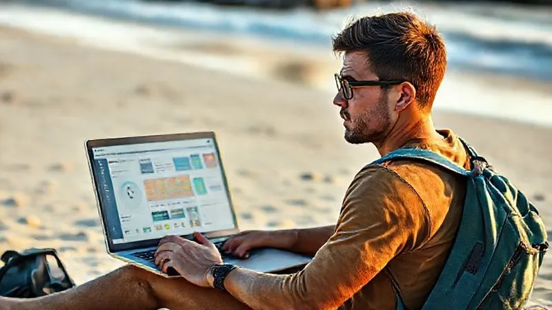 A photorealistic image of a digital nomad sitting on a beach, looking thoughtfully at a laptop screen, with a backpack nearby. The laptop screen shows a complex e-learning dashboard, but the person's expression is one of slight frustration and contemplation, suggesting a challenge in balancing travel and study. Cinematic lighting, sharp focus on the person and laptop, depth of field blurring the beach background. 8K hyper-detailed, professional photography.