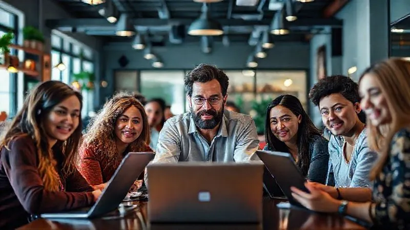 A photorealistic image of a diverse group of people (representing digital nomads) in different locations (e.g., a cafe in Lisbon, a coworking space in Bali, a home office in Brazil), all connected via a video call on their laptops. Their faces show engagement and collaboration. The central figure is an instructor or mentor, offering guidance. Cinematic lighting, sharp focus on the group, depth of field blurring the individual backgrounds. 8K hyper-detailed, professional photography.