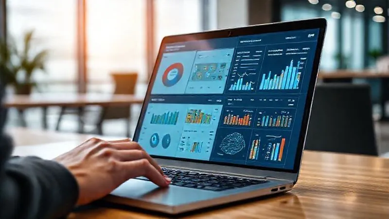 A photorealistic image of a data dashboard on a laptop screen, displaying various charts and graphs related to e-learning engagement and completion rates. A person's hands (a data analyst or educator) are visible, interacting with the trackpad, suggesting analysis. The background is a modern, clean office space. Cinematic lighting, sharp focus on the screen, depth of field blurring the background. 8K hyper-detailed, professional photography.